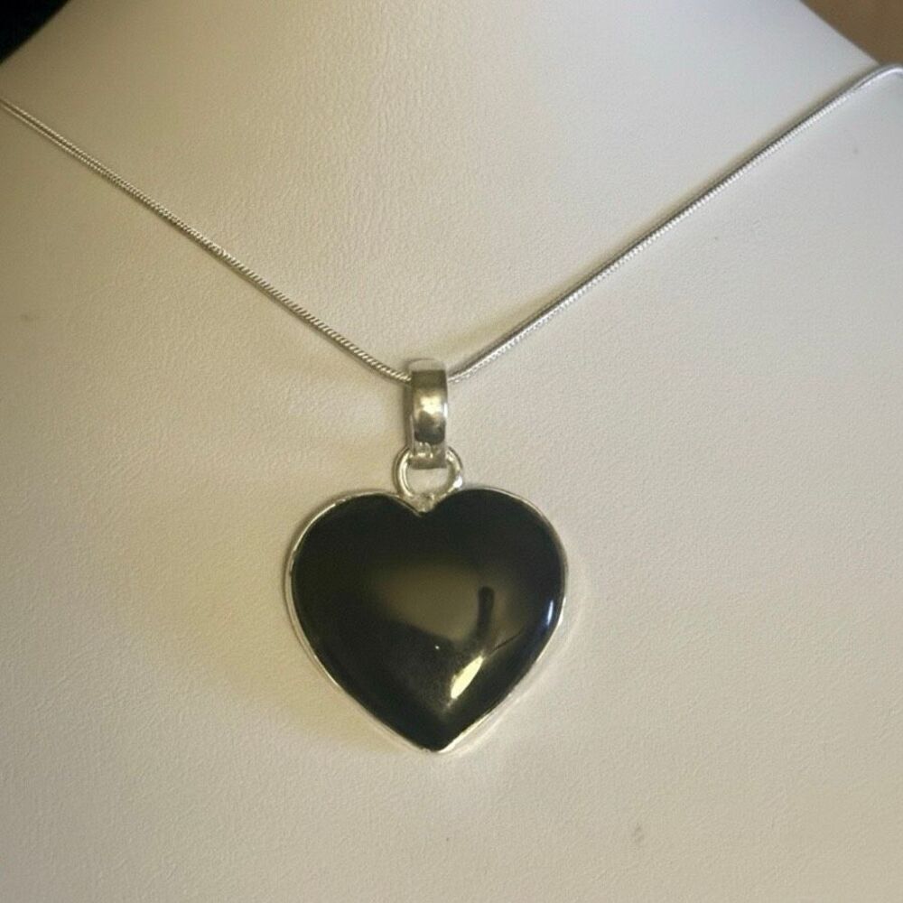 Sterling Silver Black Heart Pendant Necklace Genuine Onyx Style Romantic Jewelry